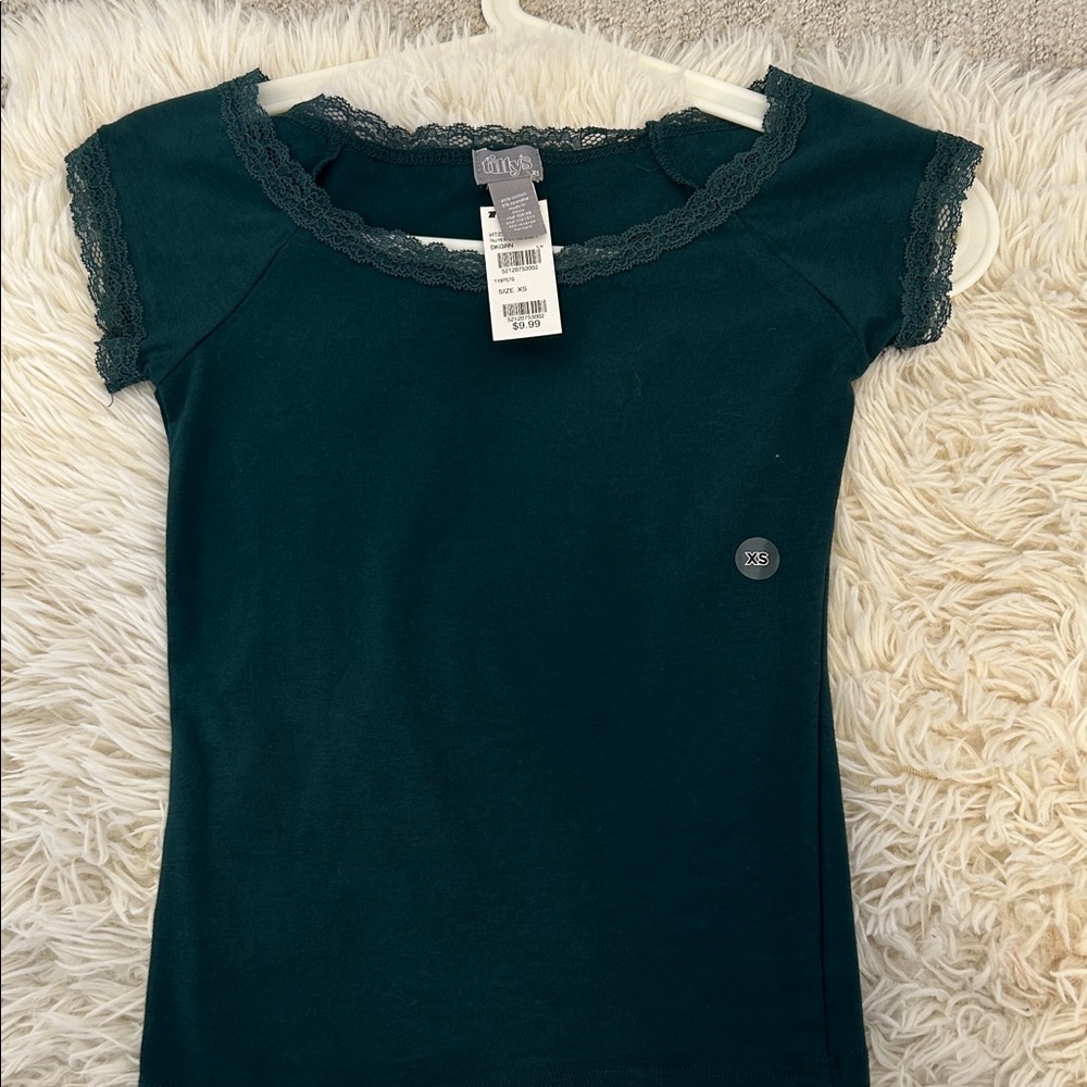 Tilly's Dark Green Lace-Trim Short Sleeve Tee